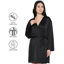 Load image into Gallery viewer, Wacoal Women’s Long Sleeve Knee Length Shiny Finish Bridal Wear Satin Robe-Black DI10A01
