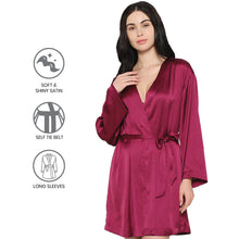 Load image into Gallery viewer, Wacoal Women’s Long Sleeve Knee Length Shiny Finish Bridal Wear Satin Robe-Burgandy DI10A01
