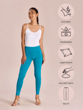 Load image into Gallery viewer, Go Colors Peacock Blue Cotton Stretch Ankle Length Leggings
