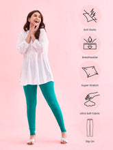 Load image into Gallery viewer, Go Colors Peacock Green Cotton Stretch Ankle Length Leggings
