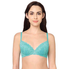 Load image into Gallery viewer, Wacoal Plush Desire Padded Wired 3/4th Cup Bridal Wear Medium coverage Lace Push Up Bra - Blue IAB090

