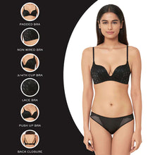 Load image into Gallery viewer, Wacoal Zephyr Padded Non Wired 3/4Th Cup Push-Up Lacy Plunge Bra - Black IB45910IN
