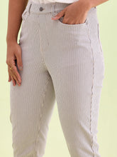 Load image into Gallery viewer, Go Colors Off White Cotton Poly Stretch Stripes Printed Jeggings
