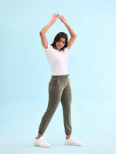 Load image into Gallery viewer, Go Colors Olive Green Cotton Poly Stretch Cuffed Joggers
