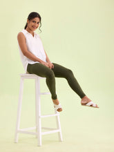 Load image into Gallery viewer, Go Colors Dark Olive Cotton Stretch Ankle Length Leggings
