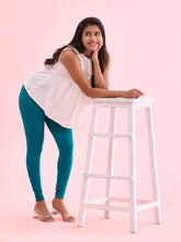 Load image into Gallery viewer, Go Colors Jade Green Cotton Stretch Ankle Length Leggings
