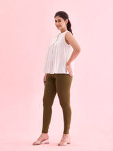 Load image into Gallery viewer, Go Colors Olive Green Cotton Stretch Ankle Length Leggings
