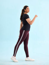 Load image into Gallery viewer, Go Colors Brown Cotton Stretch Side Stripes Active Leggings
