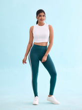 Load image into Gallery viewer, Go Colors Green Cotton Stretch Side Stripes Active Leggings
