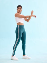 Load image into Gallery viewer, Go Colors Green Cotton Stretch Side Stripes Active Leggings
