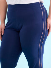 Load image into Gallery viewer, Go Colors Navy Cotton Stretch Side Stripes Active Leggings
