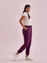 Load image into Gallery viewer, Go Colors Dark Purple Cotton Stretch Casual Joggers
