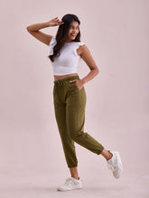 Load image into Gallery viewer, Go Colors Olive Green Cotton Stretch Casual Joggers
