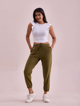 Load image into Gallery viewer, Go Colors Olive Green Cotton Stretch Casual Joggers
