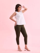 Load image into Gallery viewer, Go Colors Dark Olive Cotton Stretch Cropped Leggings
