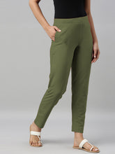 Load image into Gallery viewer, Go Colors Olive Green Cotton Stretch Kurti Pants
