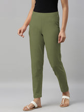 Load image into Gallery viewer, Go Colors Olive Green Cotton Stretch Kurti Pants
