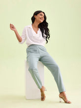Load image into Gallery viewer, Go Colors Light Green Cotton Stripe Pencil Pants
