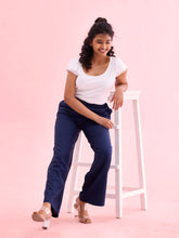 Load image into Gallery viewer, Go Colors Navy Viscose Blend Linen Palazzos
