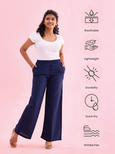 Load image into Gallery viewer, Go Colors Navy Viscose Blend Linen Palazzos
