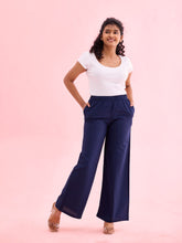 Load image into Gallery viewer, Go Colors Navy Viscose Blend Linen Palazzos
