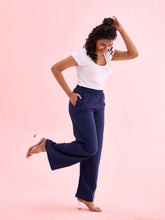 Load image into Gallery viewer, Go Colors Navy Viscose Blend Linen Palazzos
