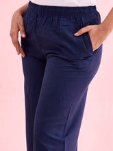 Load image into Gallery viewer, Go Colors Navy Viscose Blend Linen Palazzos
