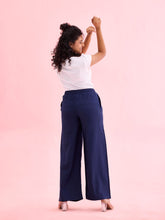 Load image into Gallery viewer, Go Colors Navy Viscose Blend Linen Palazzos
