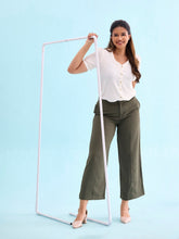 Load image into Gallery viewer, Go Colors Olive Green Crepe Wide Trouser
