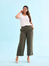 Load image into Gallery viewer, Go Colors Olive Green Crepe Wide Trouser

