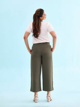 Load image into Gallery viewer, Go Colors Olive Green Crepe Wide Trouser
