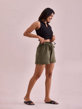 Load image into Gallery viewer, Go Colors Olive Green Linen Viscose Blend Shorts
