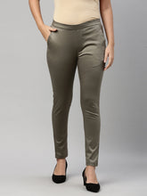 Load image into Gallery viewer, Go Colors Olive Green Woven Cotton Stretch Treggings
