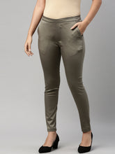 Load image into Gallery viewer, Go Colors Olive Green Woven Cotton Stretch Treggings

