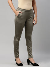 Load image into Gallery viewer, Go Colors Olive Green Woven Cotton Stretch Treggings

