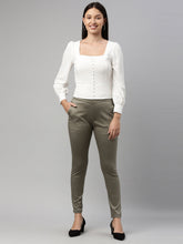 Load image into Gallery viewer, Go Colors Olive Green Woven Cotton Stretch Treggings
