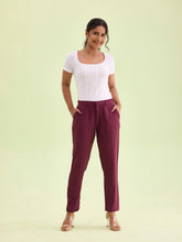 Load image into Gallery viewer, Go Colors Dark Wine Crepe Tapered Trouser
