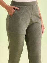 Load image into Gallery viewer, Go Colors Olive Green Poly Stretch Suede Tregging
