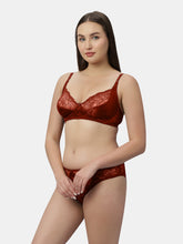 Load image into Gallery viewer, Sonari Nylon Lace Romantic Lingerie Set with Non-Padded Wirefree Medium Coverage Bra and Full Coverage Lace Panty – MEERA
