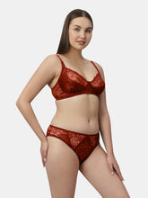 Load image into Gallery viewer, Sonari Nylon Lace Romantic Lingerie Set with Non-Padded Wirefree Medium Coverage Bra and Full Coverage Lace Panty – MEERA
