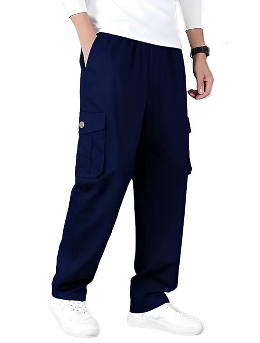 Romano nx Cotton Casual Cargo Track Pant for Men- Lower with Multi-Pockets & Side Zipper Pockets Navy Blue