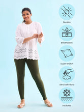 Load image into Gallery viewer, Go Colors Dark Olive Cotton Stretch Ribbed warm Leggings
