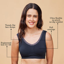 Load image into Gallery viewer, Enamor Innovations Flexifree, Plunge, Ultra Comfort Women's  Bralette - No-Pinch, No-Dig, 360 Degree Flex, Seamless Lift, Fixed cup, Padded, Wirefree, High Coverage  - F137 (Lisbon Blue)
