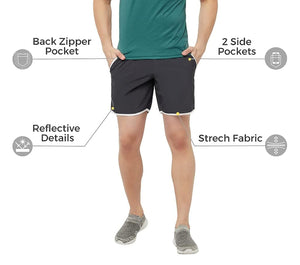 Romano nx Men's Dark Grey 7 inch Dry Fit Sports Running Reflective Shorts with 2 Side Pockets and Zipper Back Pocket romanonx.com 