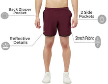 Load image into Gallery viewer, Romano nx Men&#39;s Maroon 7 inch Dry Fit Sports Running Reflective Shorts with 2 Side Pockets and Zipper Back Pocket romanonx.com 
